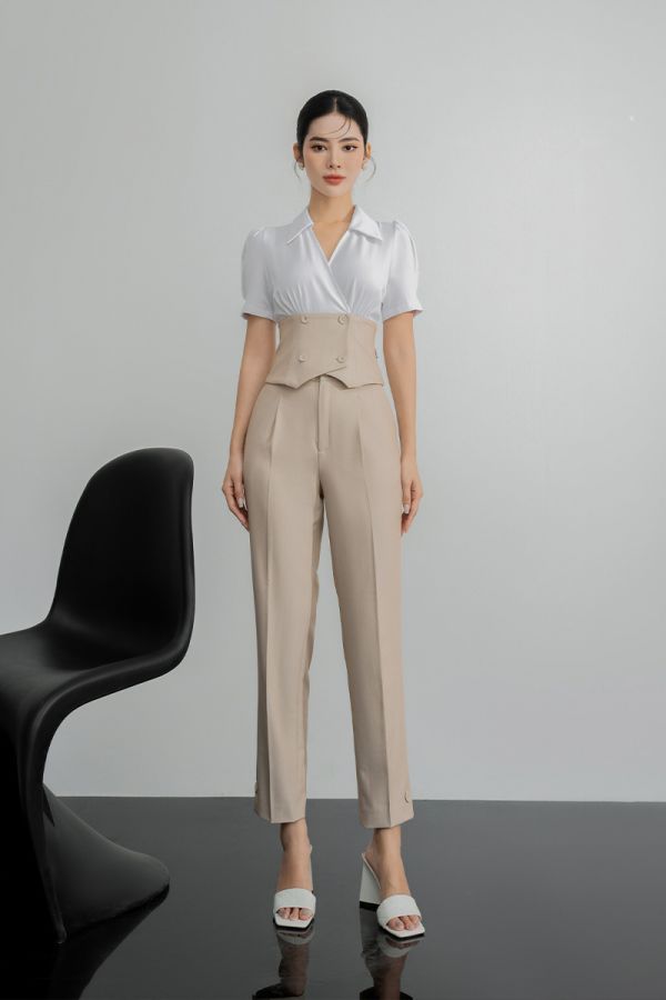 Quần baggy can thân đính cúc gấu